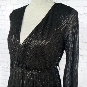 PETAL & PUP Black Sequin Long Sheer Puff Sleeve V Neck Mini Dress